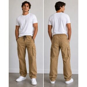 WXYZ Cargo Jogger Pants Men Small Brown Elastic Drawstring Zipper Pockets Street